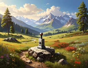 A vibrant scenic view shows a sunlit field with a trail, flowers, a futuristic device, and distant mountains