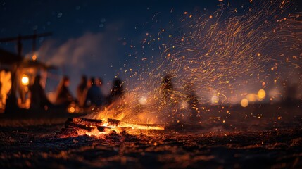Bonfire night sparks dance above a crackling campfire in warm night air