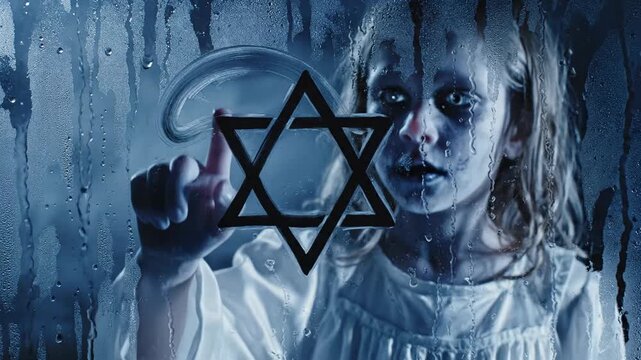 Young girl drawing Star of David on steamy window, spooky child face, scary horror scene, eerie blue light, ghostly appearance of kid, wet glass surface, mysterious atmosphere, fearful imagery