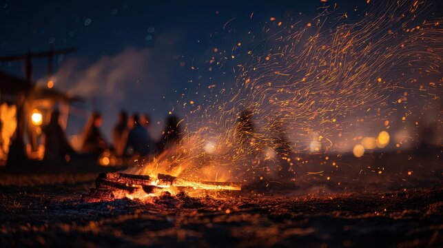 Bonfire night sparks dance above a crackling campfire in warm night air - Powered by Adobe