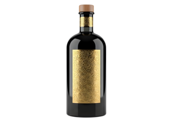 Dark glass bottle with golden label isolated on transparent background