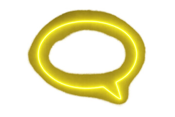 Yellow glowing speech bubble icon, neon chat symbol representing communication and message on transparent background