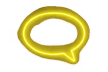 Yellow glowing speech bubble icon, neon chat symbol representing communication and message on transparent background