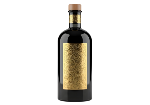 Dark glass bottle with golden label isolated on transparent background