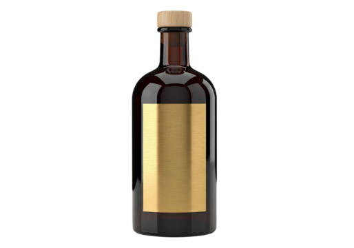 Dark glass bottle with golden label isolated on transparent background