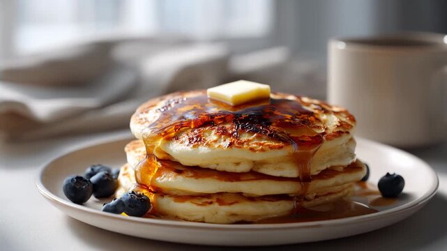Delicious pancake stack with butter and syrup served alongside coffee at a cozy breakfast table