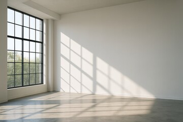 Obraz premium Minimalist interior with large industrial-style window casting geometric shadows on empty white wall and floor in natural daylight concept. Ai generative