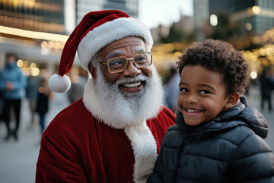 A joyful Santa Claus radiates happiness as he interacts with a child in a festive atmosphere, highlighting the essence of connection, joy, and holiday cheer in urban life.