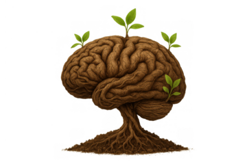 Brain forming a growing tree with strong roots and young green sprouts, symbolizing knowledge, growth, positive mindset, and mental power