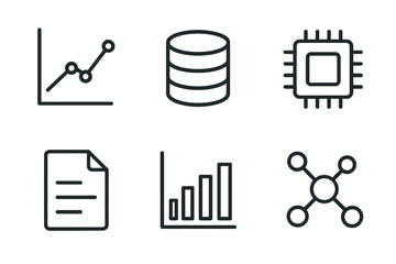 Set of data and technology icons featuring graphs, database, and microchip designs