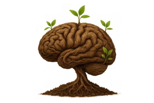 Brain forming a growing tree with strong roots and young green sprouts, symbolizing knowledge, growth, positive mindset, and mental power
