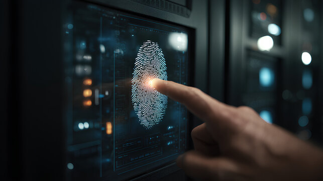 Cyber security system and data protection concept. Man using fingerprint scanning access data with data center as background, biometric identity, data encryption for network security of cyber attack - Powered by Adobe