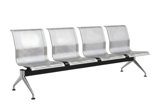 Modern metal waiting room bench with four seats isolated on transparent background
