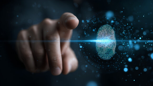 Cyber security system and data protection concept. Man using fingerprint scanning access data with data center as background, biometric identity, data encryption for network security of cyber attack