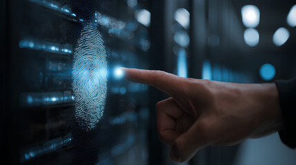 Cyber security system and data protection concept. Man using fingerprint scanning access data with data center as background, biometric identity, data encryption for network security of cyber attack