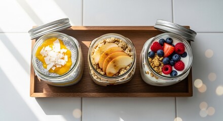 Overnight Oats in Jars with Fruit Toppings on Wooden Tray.