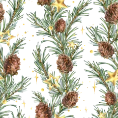 Gordijnen Jungle A seamless pattern with pine branches and cones, golden stars, and beads in vertical garlands. Hand-drawn watercolor illustration. A Christmas, New Year, and winter ornament for decor and design.  © NATASHA-CHU