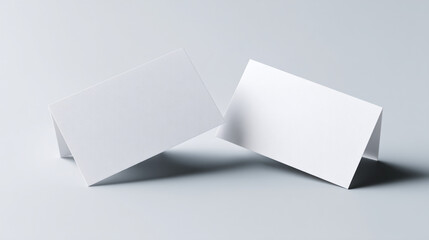 Two white folded cards standing on a white surface in a minimalist setting scene