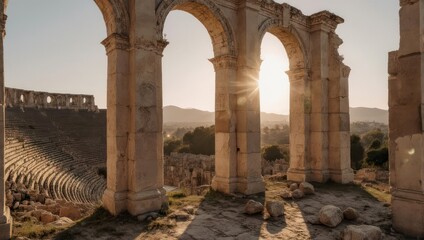 Obraz premium Ancient Roman Ruins with Arches and Sunlight in Jerash, Jordan.