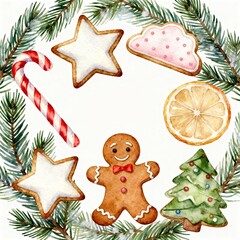 Watercolor Christmas treats circle with gingerbread man star cookie candy cane pastel white background