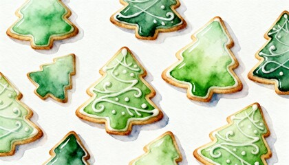 Watercolor Christmas tree cookies with icing details on white background festive holiday treat