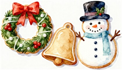 Watercolor Christmas cookie collection with wreath bell and snowman on white background