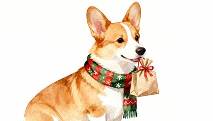 Watercolor corgi wearing festive scarf holding gift bag in mouth minimal style white background