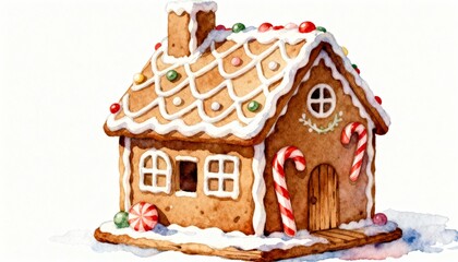 Watercolor gingerbread house, detailed compact design with controlled color wash on white background