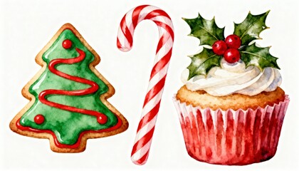 Watercolor Christmas dessert set with tree cookie peppermint candy and cupcake with holly