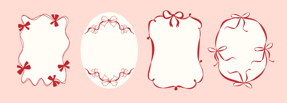 Set of decorative red ribbon frames with bows and curved borders in a hand-drawn style, ideal for greeting cards, wedding invitations, packaging, branding, and scrapbooking. Vector illustration