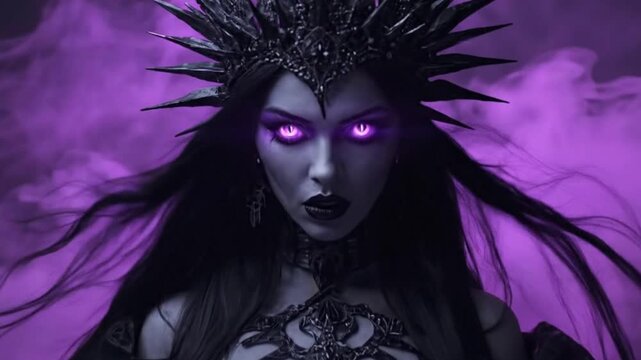 A powerful fantasy queen with glowing purple eyes and a dark spiky crown stares intensely from a cloud of mystical smoke. This clip evokes themes of dark magic, power, and villainy.