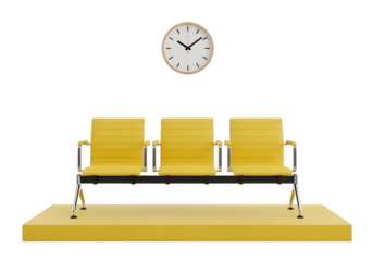 Three yellow waiting chairs and a clock isolated on transparent background