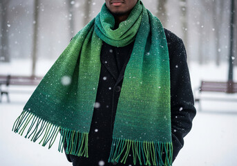 Green Holiday Scarf Eco-Fabric Sustainable Dye Recycled Thread Zero-Waste Fringe Biodegradable Tassel Organic Wrap Compostable Edge Earth-Friendly Neckwear Plastic-Free Festive Shawl Modern Winter Acc