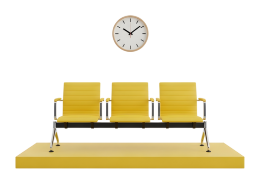 Three yellow waiting chairs and a clock isolated on transparent background