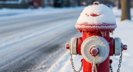 Red fire hydrant covered in snow on winter street  