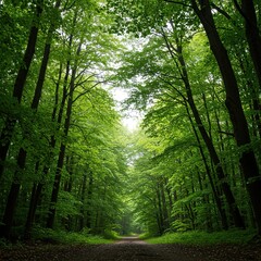 Obraz premium Lush green trees and soft light create a serene and tranquil forest backdrop, perfect for natural and environmental concepts ,sunlight ,spring ,environment