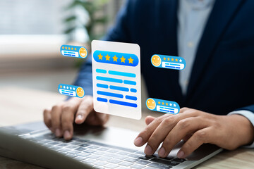 Customer satisfaction review management, Businessman analyzing digital customer reviews and five-star ratings to enhance service quality, manage online reputation in digital platforms.