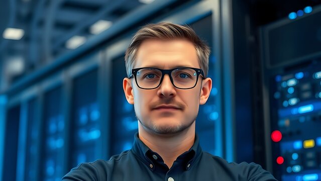 A technical specialist in glasses stands confidently before a server rack, representing expertise in technology.