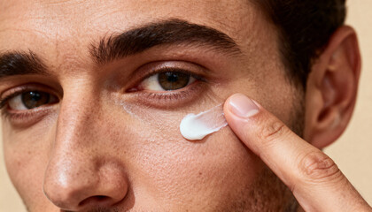 Closeup of young man applying cosmetic cream on his face. Skin care concept