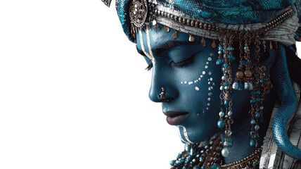 Title: A Serene Blue skinned Hindu Deity Head and Shoulders Portrait Adorned with Traditional Ornaments Isolated on White Background