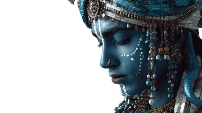 Title: A Serene Blue skinned Hindu Deity Head and Shoulders Portrait Adorned with Traditional Ornaments Isolated on White Background