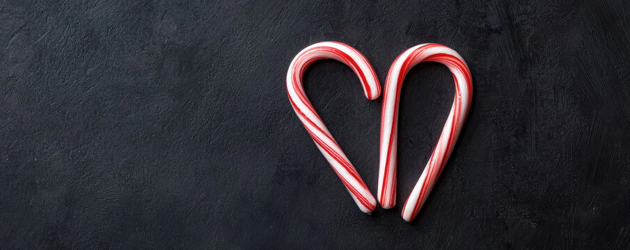 Christmas candy cane heart shape on black background creates festive and sweet holiday atmosphere with love and joy