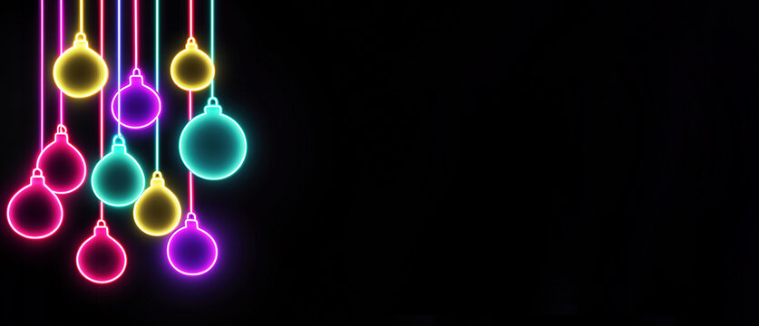 Colorful neon Christmas ornaments hanging against a dark background, creating a festive atmosphere, ideal for holiday decorations and seasonal celebrations with vibrant hues and glowing effects