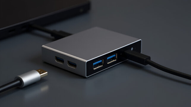 Isolated Silver and Black USB-C and HDMI Hub with Cables