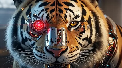 Cybernetic Tiger with Bionic Eye and Robotic Enhancements, Futuristic Wildlife Concept.