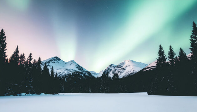 Snowy mountain landscape under aurora borealis with evergreen forest and vibrant green-pink northern lights in clear night sky. - Powered by Adobe