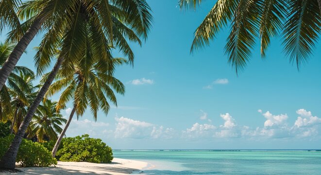 Lush tropical island vista with swaying palm trees against a clear blue sky and calm ocean waters, evoking serene getaway ,sun ,island ,palm tree