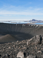 View of the circular crater of the Hverfjall volcano