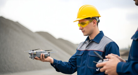 Innovative construction worker uses a drone to survey a construction site, ensuring project efficiency and maintaining a safe work environment today.