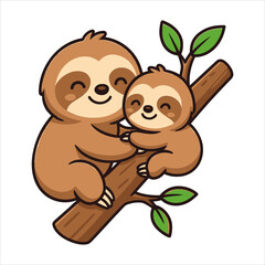 Naklejka premium Cute mother and baby sloth hugging on a tree branch flat vector logo illustration